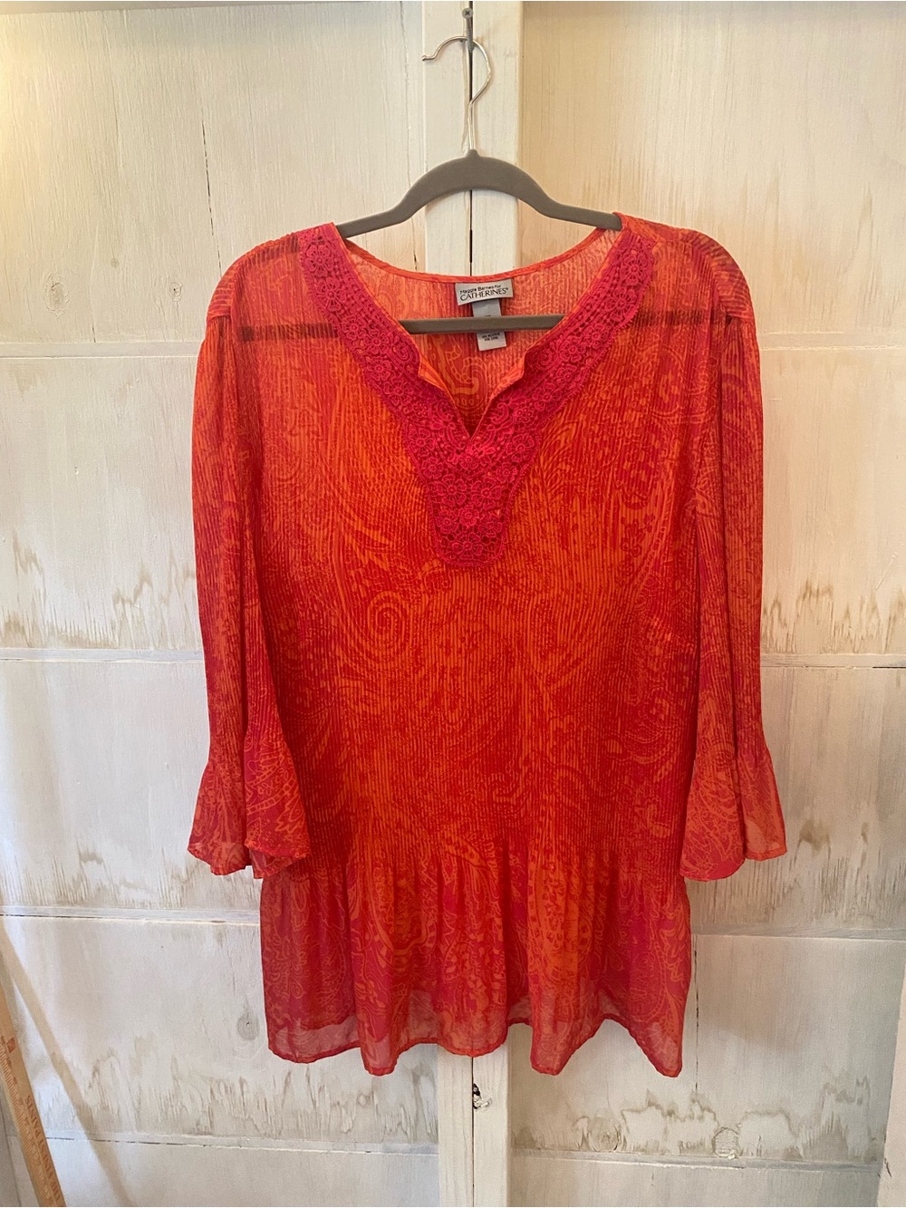 Catherines Red-Orange Paisley Lace V-Neck Tunic Sheer 2X Feminine Flowy Boho